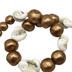Vintage Gold Faux Pearl & Fused Confetti Milk Glass Swirl Bead Choker Necklace
